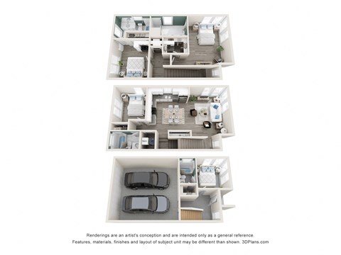 a 3d floor plan of a 3 bedroom apartment